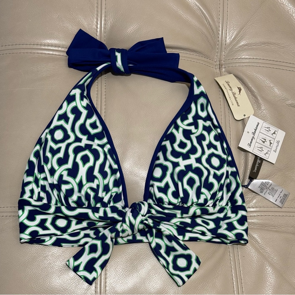 NWT Tommy Bahama Navy, Green and White Halter Reversible Bikini Top. Size M